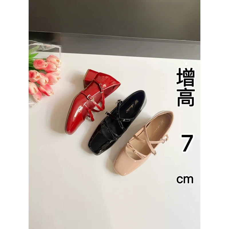 增高7cm蝴蝶结交叉扣带粗跟单鞋女25夏季新款法式漆皮方头高跟鞋