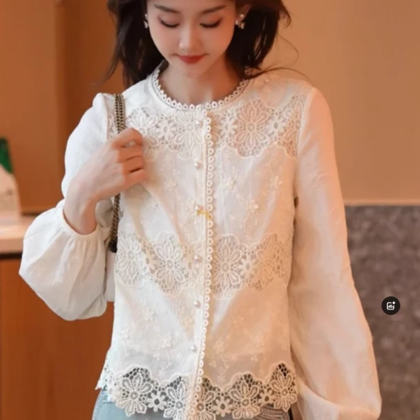 现货法式蕾丝上衣女长袖2025春季新款甜美减龄长袖洋气百搭白衬衫