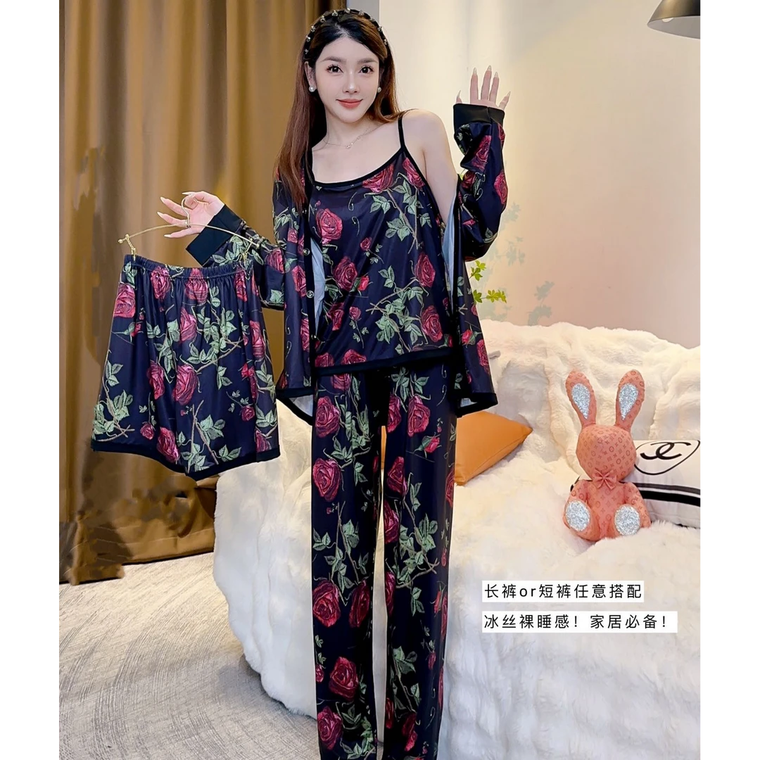 2025新款黑色印花玫瑰睡衣四件套女休闲复古长袖家居服睡衣套装
