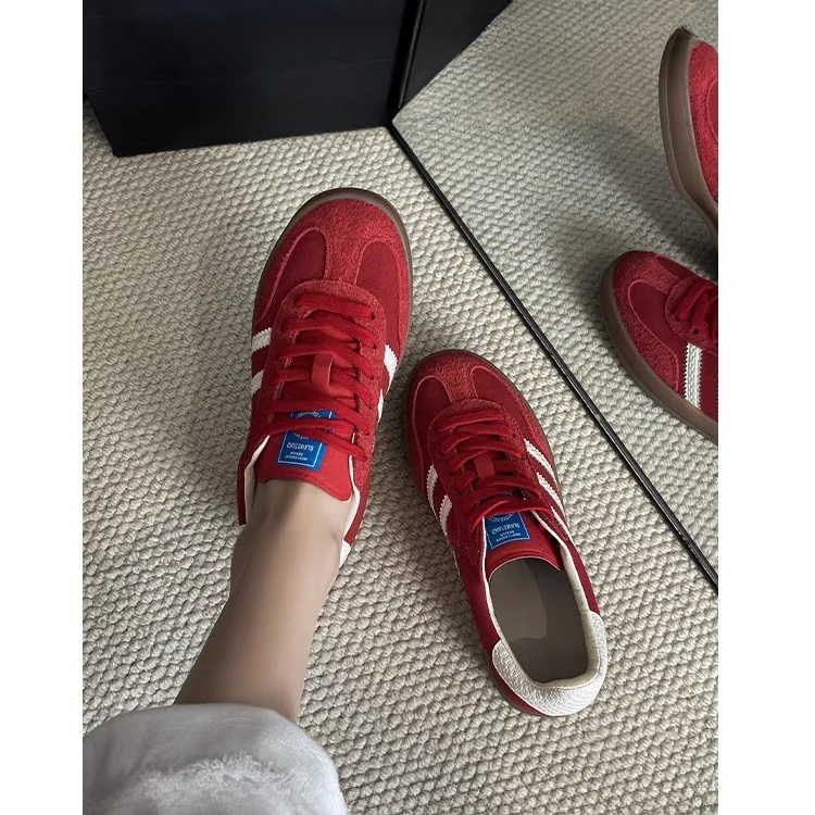 真皮复古红色增高德训鞋女2025秋季新款透气百搭平底运动休闲板鞋