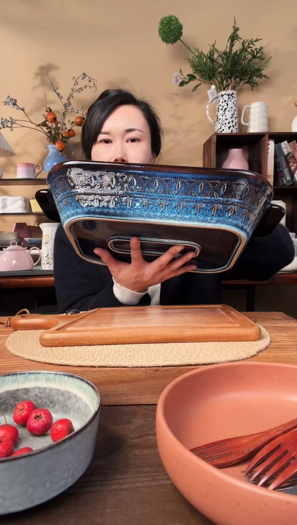 13.5英寸窑变蓝浮雕双耳大长方碗微瑕