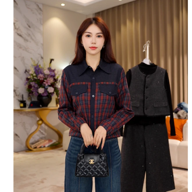 G7226休闲设计感简约翻领长袖衬衫女秋季假两件格子衬衣上衣