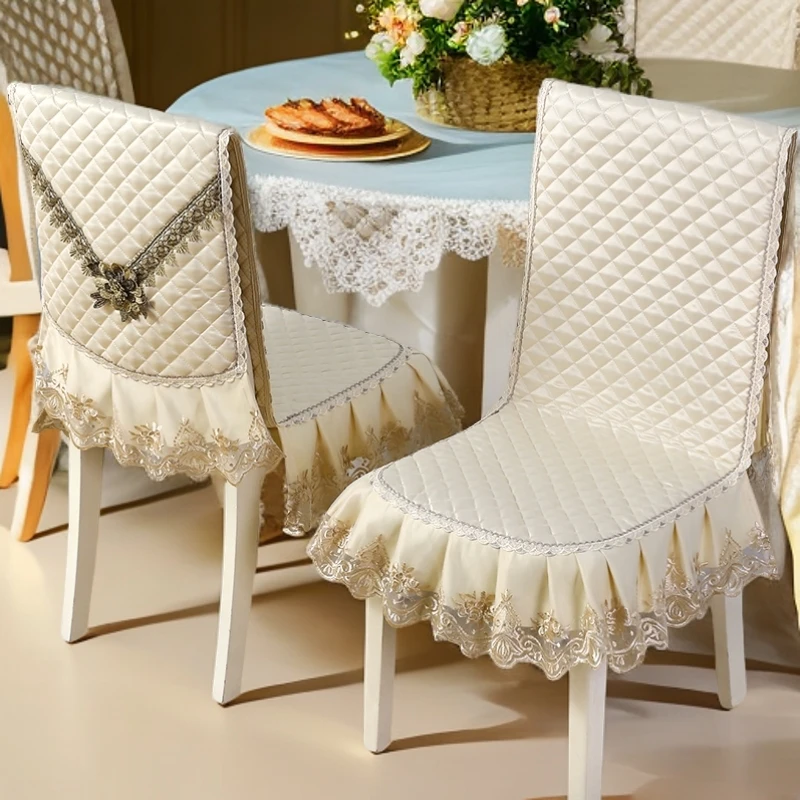 中式餐椅套罩坐垫靠背一体家用防滑餐桌桌椅套蕾丝边椅子套罩