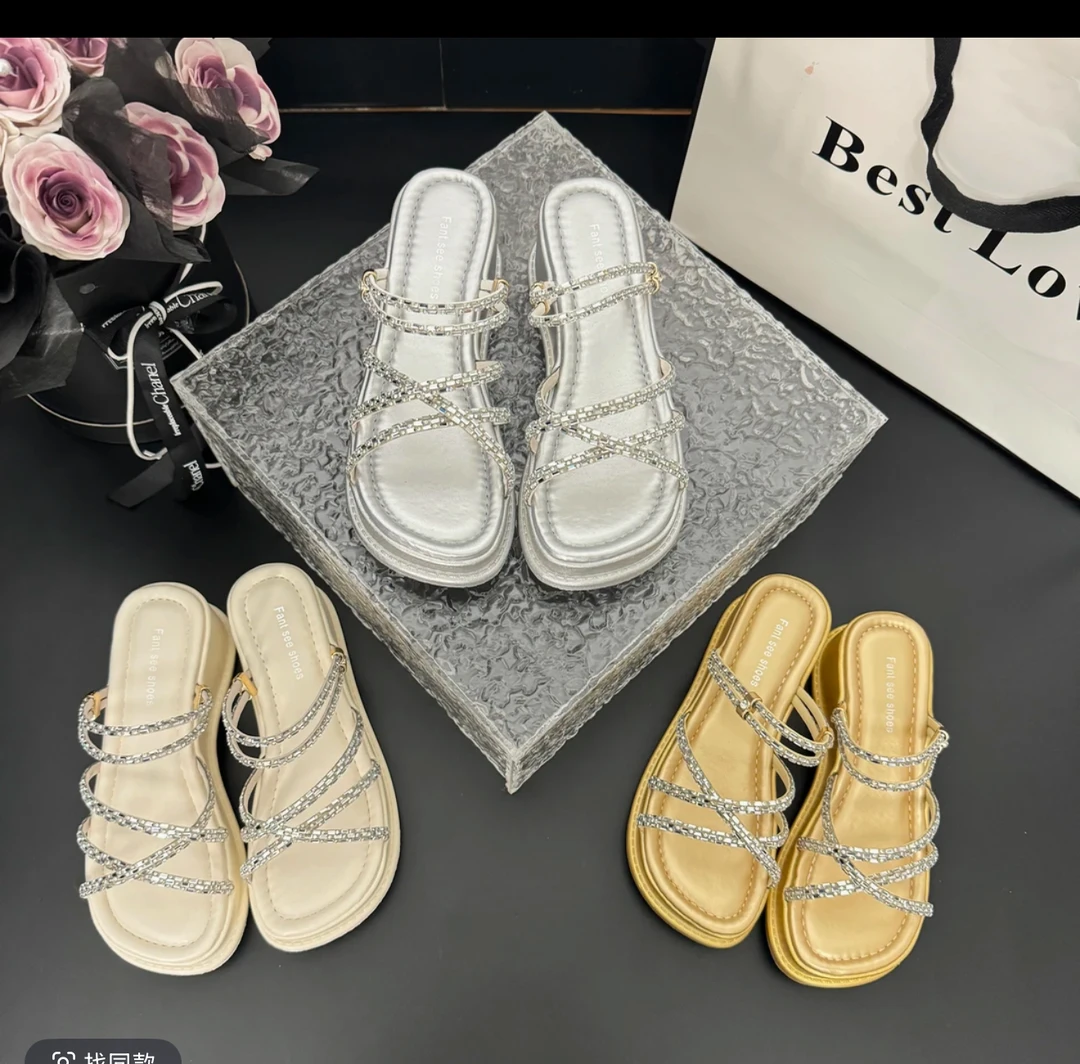 沙滩夏季一字拖水钻拖鞋5厘米仙女风百搭时尚凉拖鞋