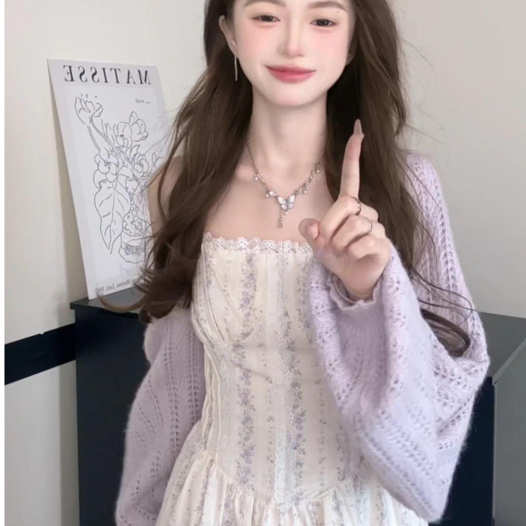 法式温柔风花边吊带连衣裙女新款外带坎肩针织衫两件套装