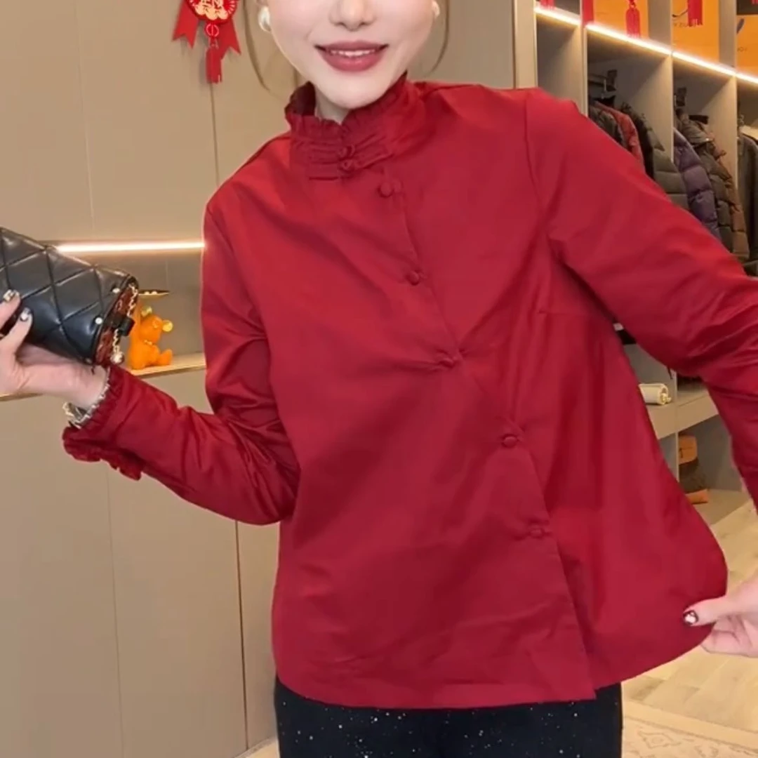 新款纯色气质洋气新中式立领木耳领双盘口长袖衬衫6036