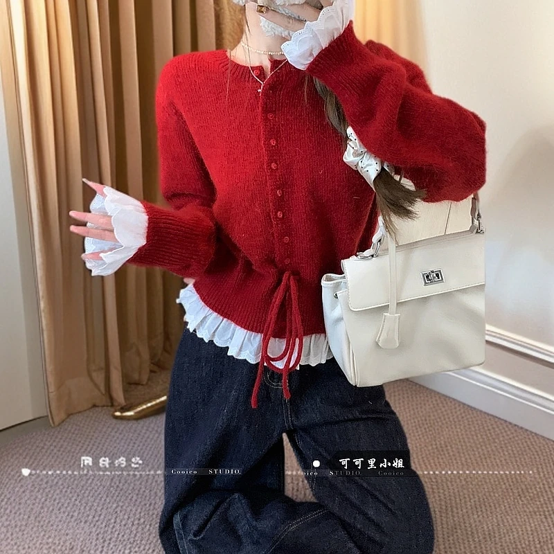 芭蕾少女新年红色针织衫毛衣开衫春秋季甜美设计感荷叶边系带上衣