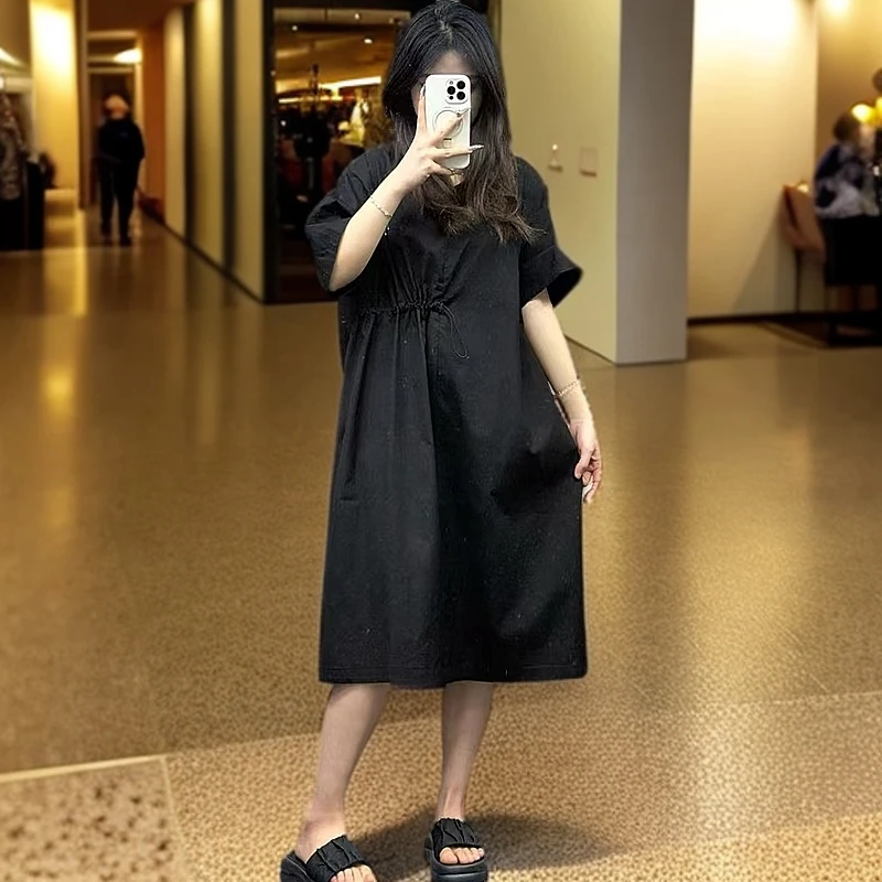 【王嘻嘻专属】简约收腰V领宽松连衣裙女季新款大码胖mm显瘦遮肉