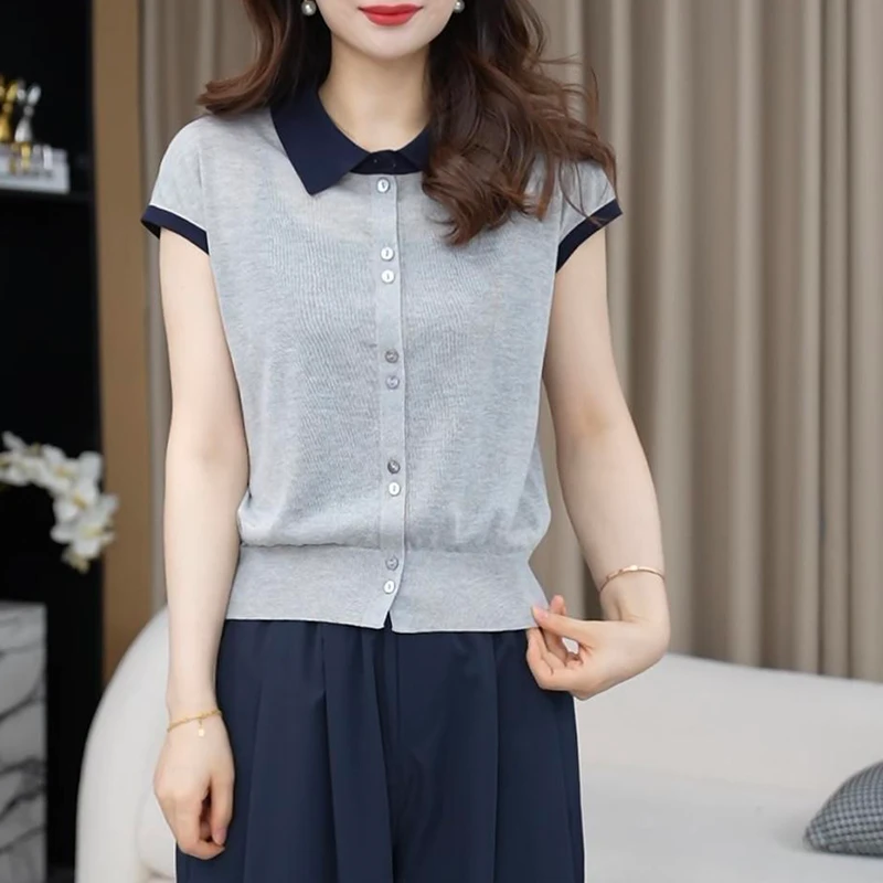 简约撞色翻领排扣针织上衣冰丝透气爆款2026夏季新款高级感上衣潮