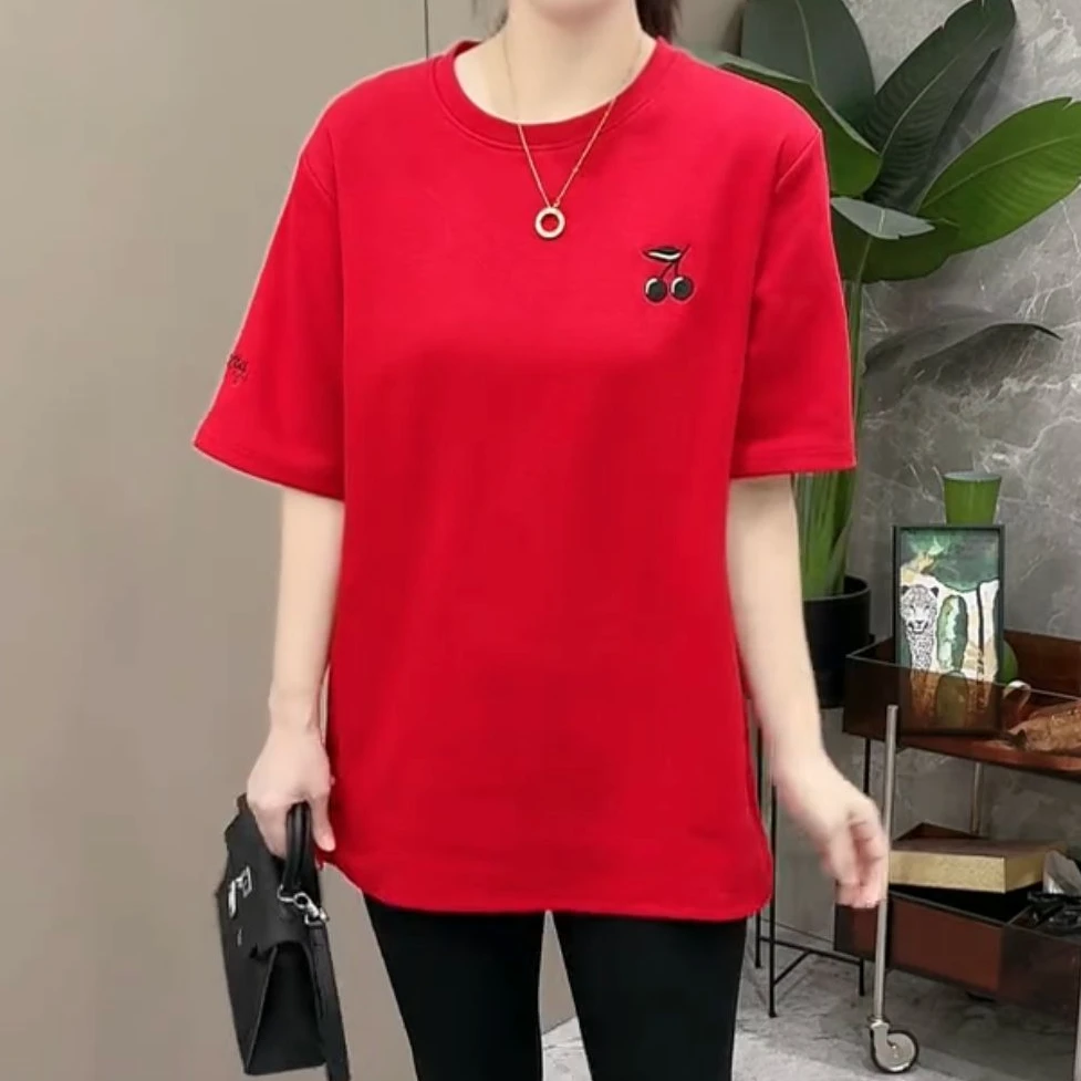 2025新年红色刺绣韩范休闲圆领百搭时尚宽松大版半袖