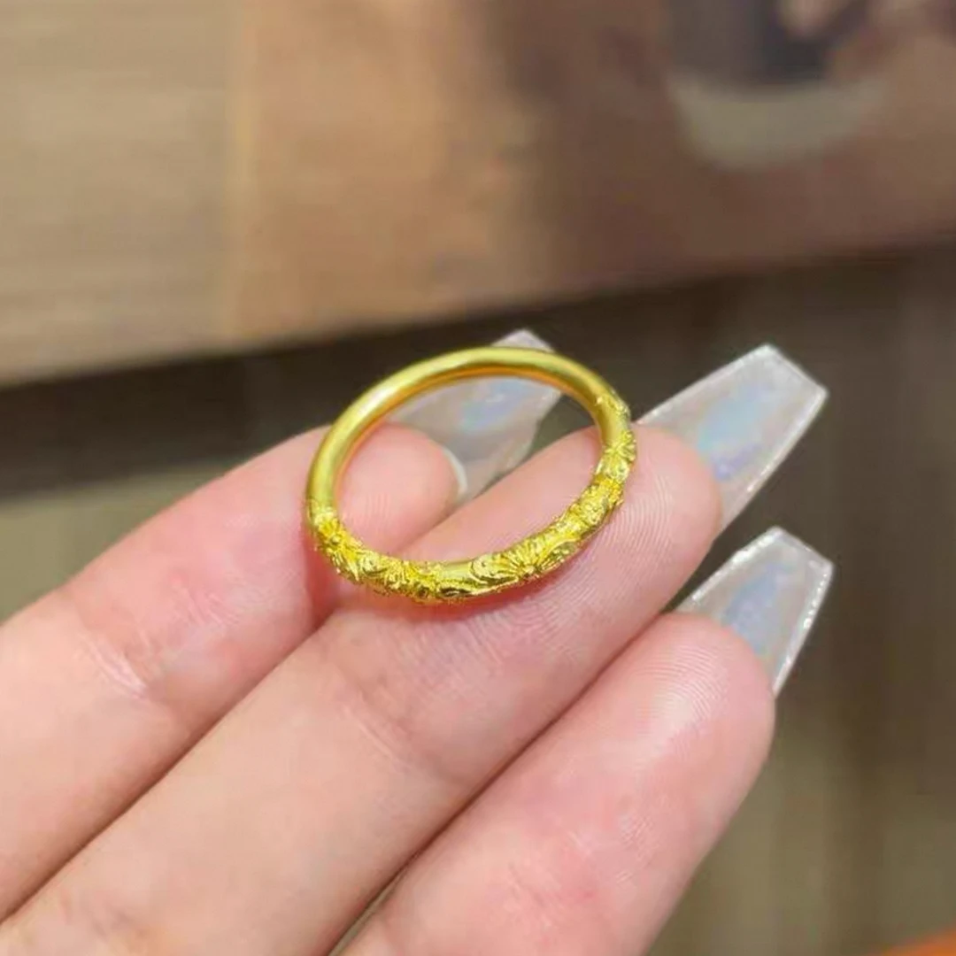 足金999金雕花素圈指环不掉色气质实心戒子古法传承紫荆花戒指