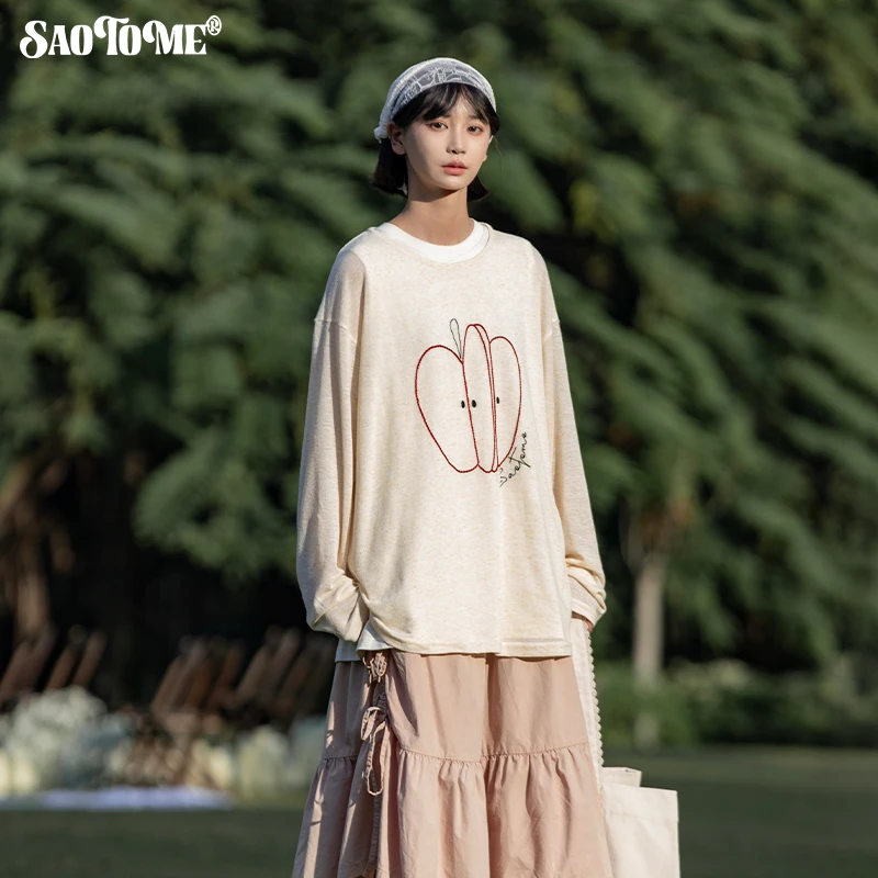 早乙女惠子saotome复古趣味图案绳绣长袖圆领罩衫T恤1063 cby