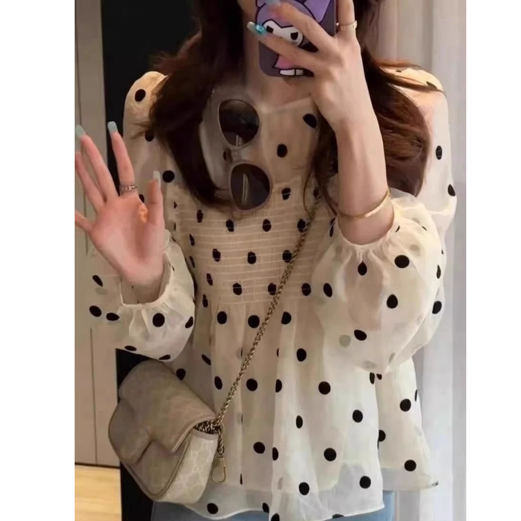 2025年新款春法式甜美气质波点泡泡袖衬衫洋气减龄娃娃雪纺上衣