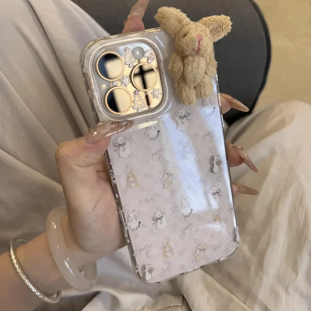 韩系立体兔子蝴蝶结适用16Promax大孔手机壳15保护套手机壳14/13