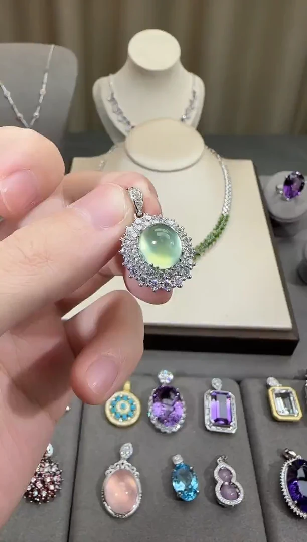 葡萄石银S925镶嵌颈饰10*8mm吊坠高级款