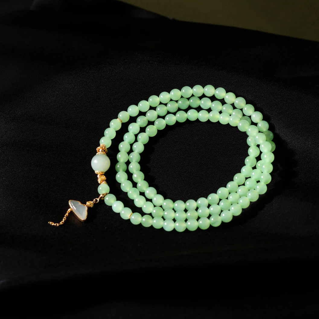 【意婵】《溪亭曲》老俄料乌兰海高色苹果绿碧玉手链18K金翡翠-912071
