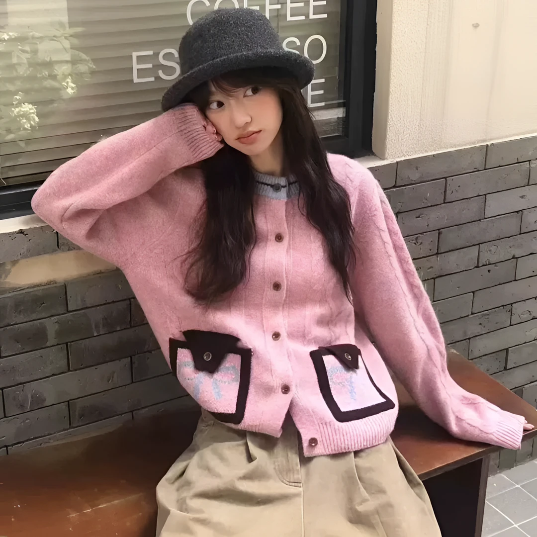 蝴蝶结麻花毛衣撞色开衫女秋冬2025新款复古软糯慵懒风针织外套潮