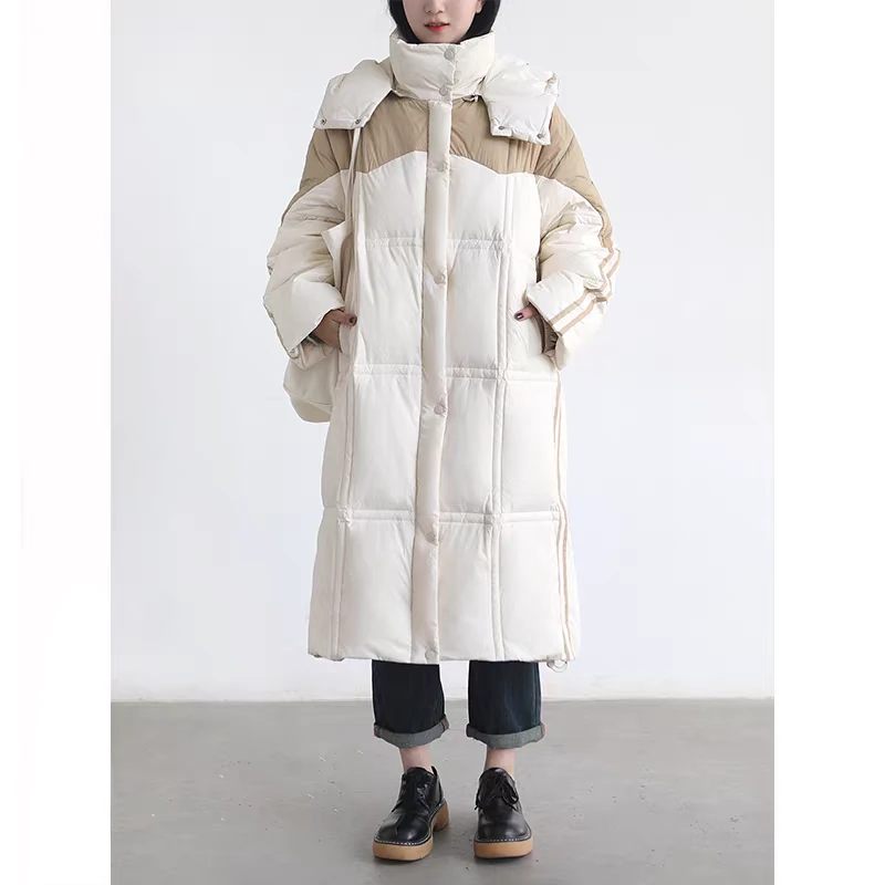 「青和月服饰」冬季韩版立领撞色连帽羽绒服女长款过膝加厚面包服