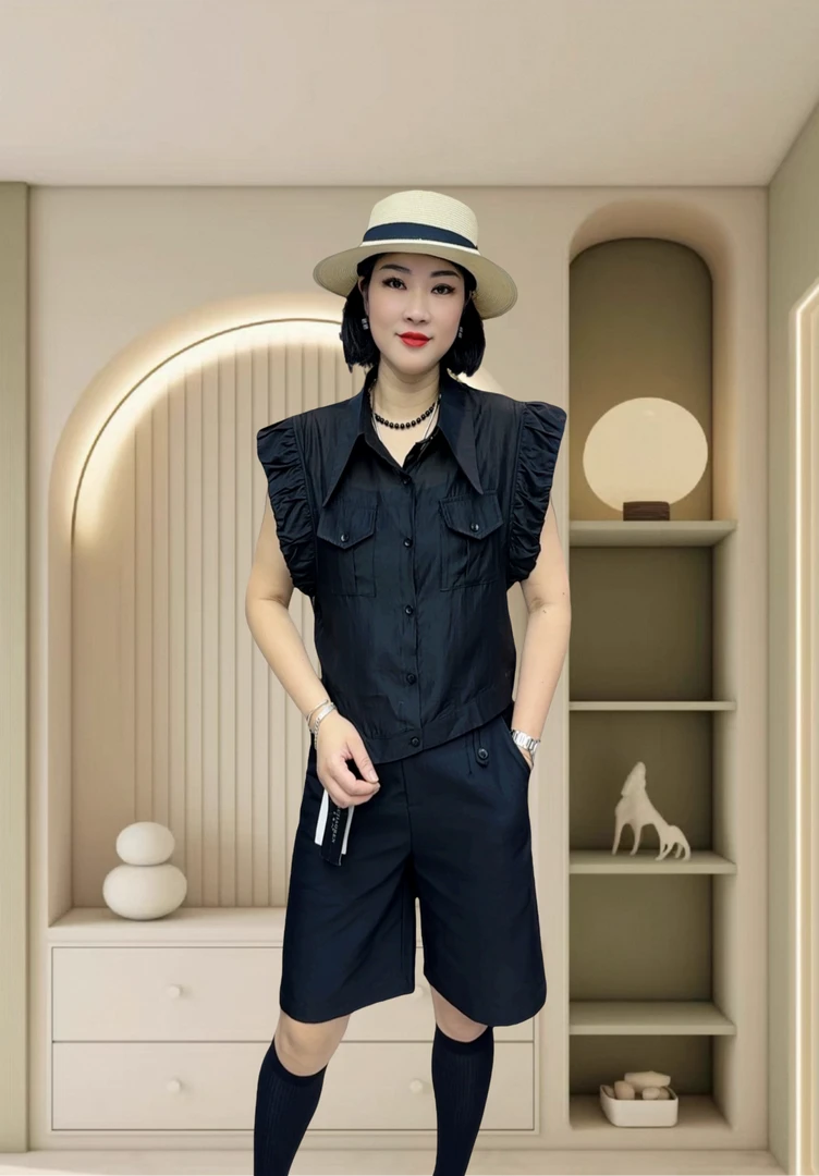 夏季常规款POLO领口袋落肩袖衬衫荷叶边黑色韩版休闲6608