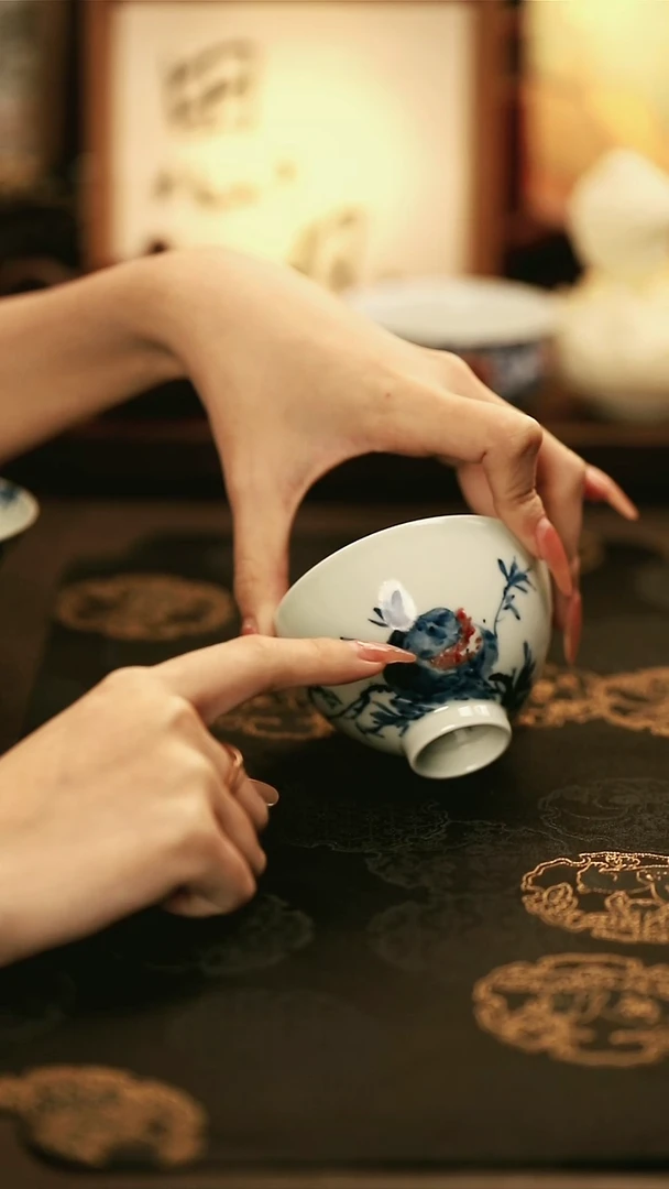 M3512青花釉里红金鱼鸡心杯/晓月庐/林月红