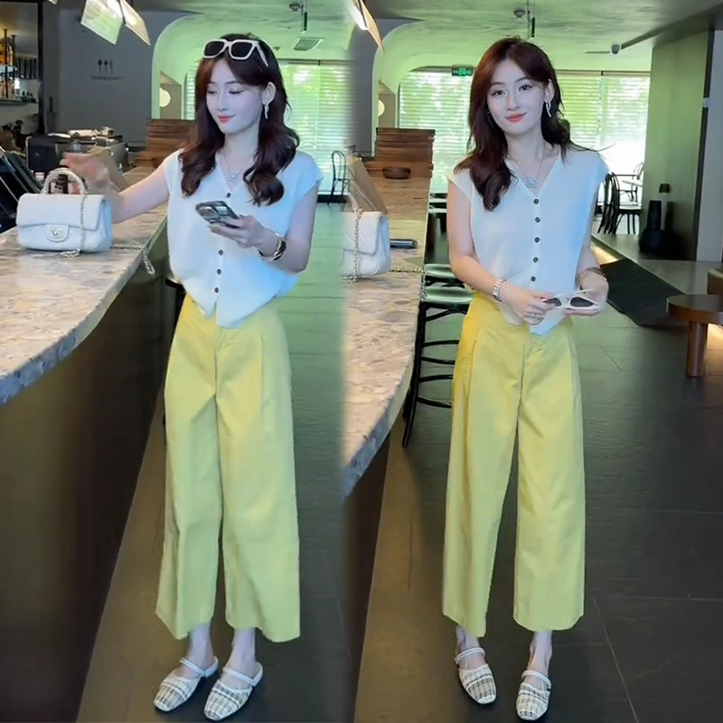 通勤风时尚穿搭一整套2025夏款小个子气质减龄针织开衫休闲裤套装