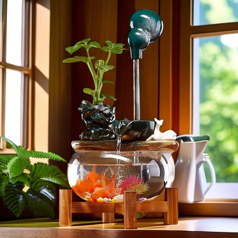 循环流水器摆件客厅家居办公室创意桌面玻璃鱼缸景观开业生财礼品