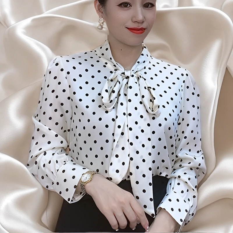 2025新款波点蝴蝶结V领长袖时尚气质女上衣衬衫洋气百搭小衫1781