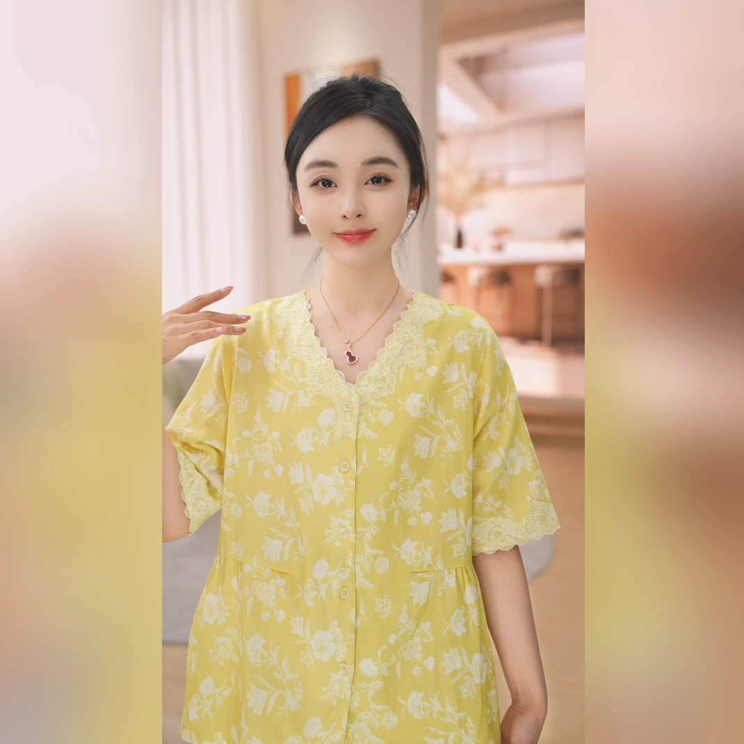 秋鹿夏日花风铃木薄款五分袖九分裤睡衣家居服套装