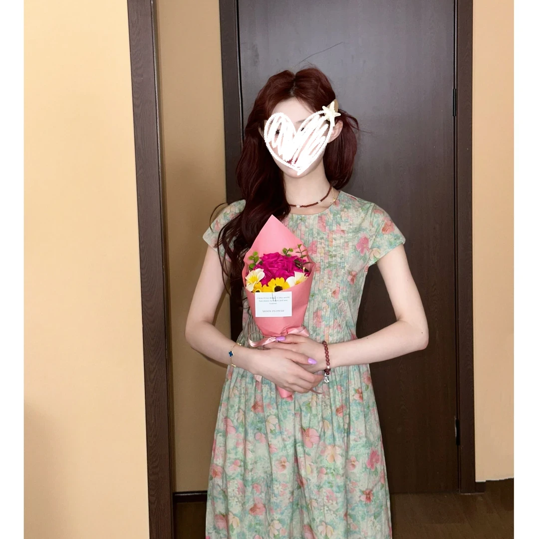 碎花压褶显瘦绿色连衣裙复古有袖长裙子XMZH7391