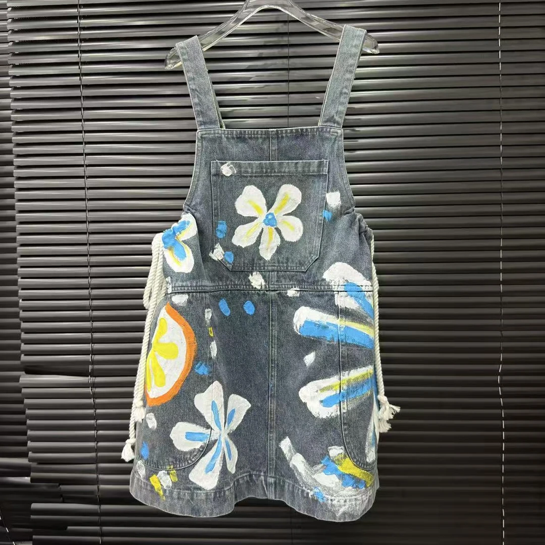 付新博女装小众设计手绘花朵宽松大版型背带连衣裙14883