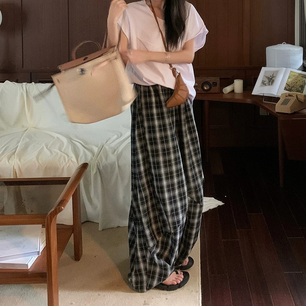美式复古阔腿宽松休闲格子裤女春夏季高腰直筒小个子垂感拖地裤子