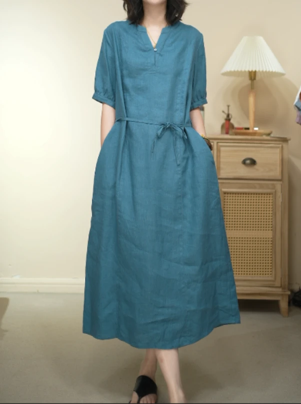 纯亚麻连衣裙短袖中长裙V领连衣裙收腰气质套头夏季女装25876