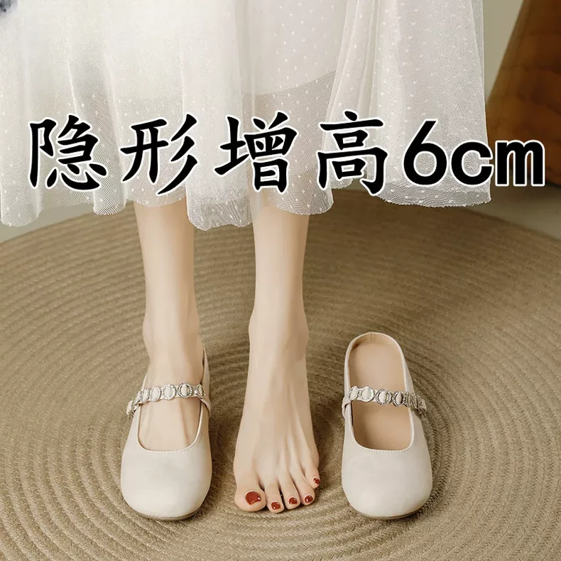 小个子内增高包头半拖鞋百搭女夏季外穿一脚蹬粗跟穆勒凉拖软底