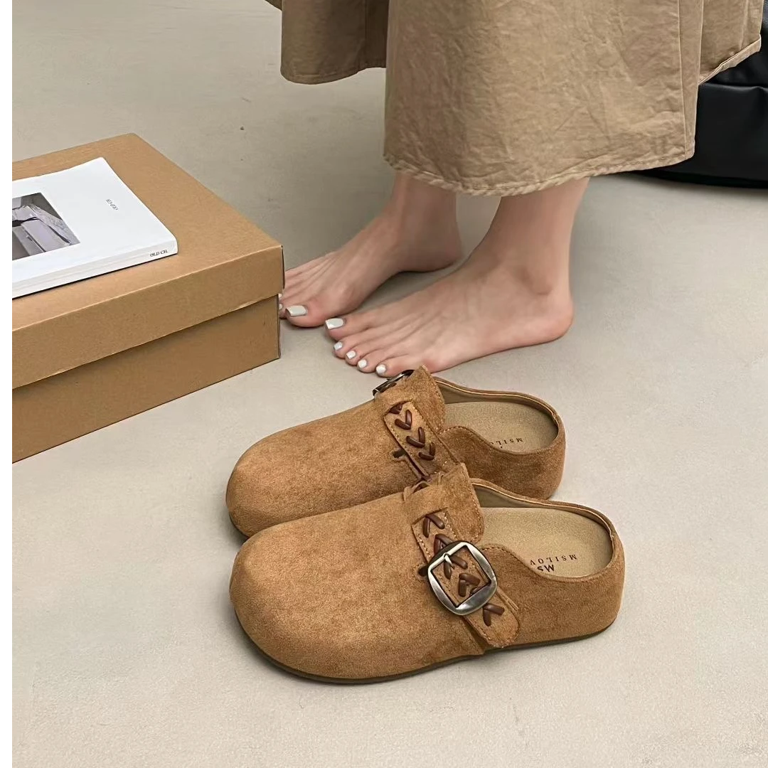 MS百搭厚底增高复古休闲极简风舒适软底皮带扣通用包头拖磨砂包头