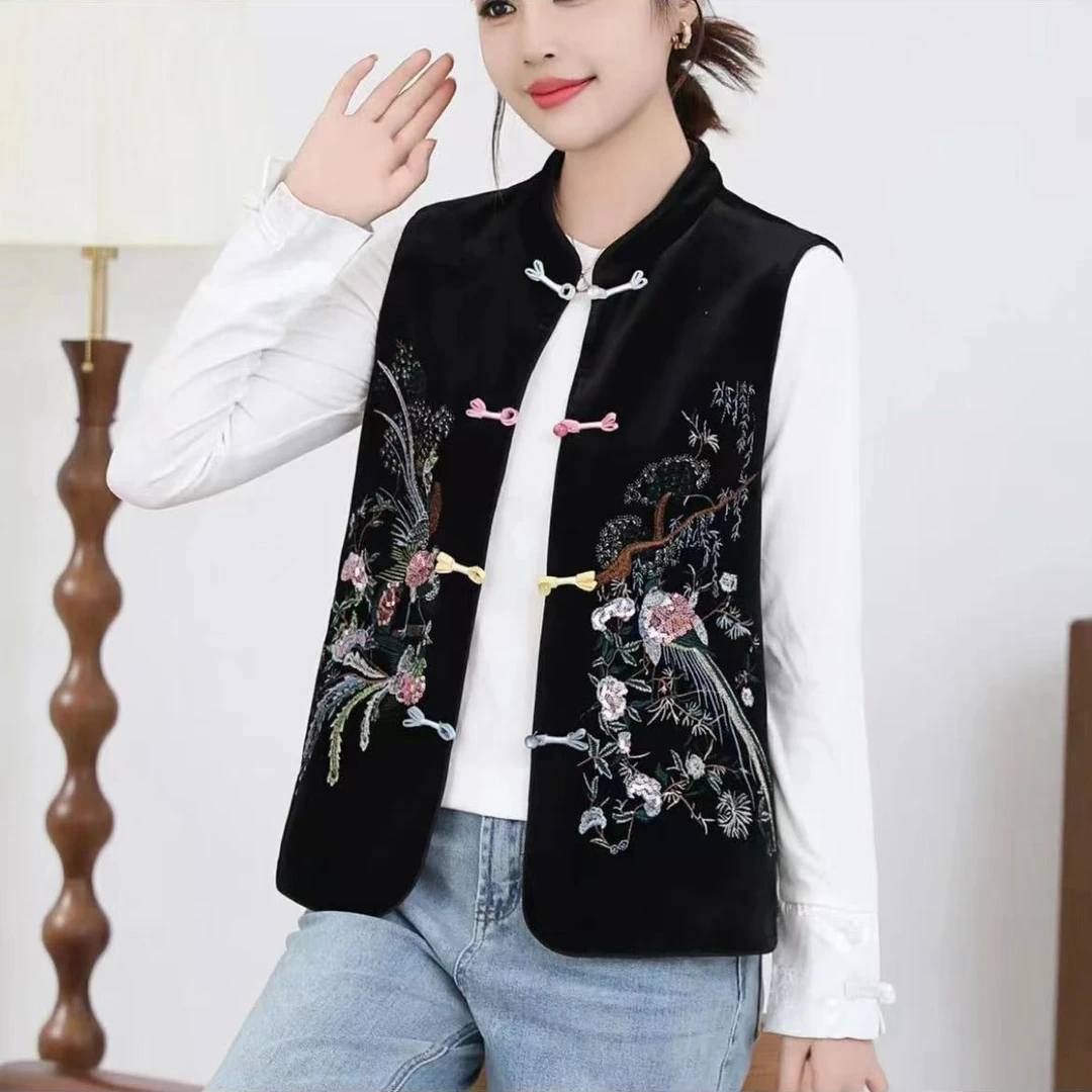 高品质新中式撞色拼接提花丝绒马甲女秋季新款时尚圆领单排扣坎肩