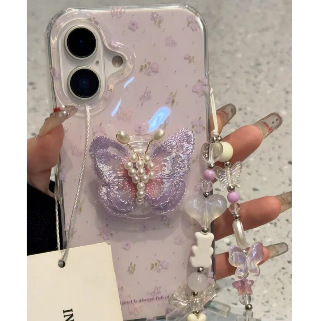 唯美紫碎花立体蝴蝶支架适用iphone16手机壳苹果15promax链条1413