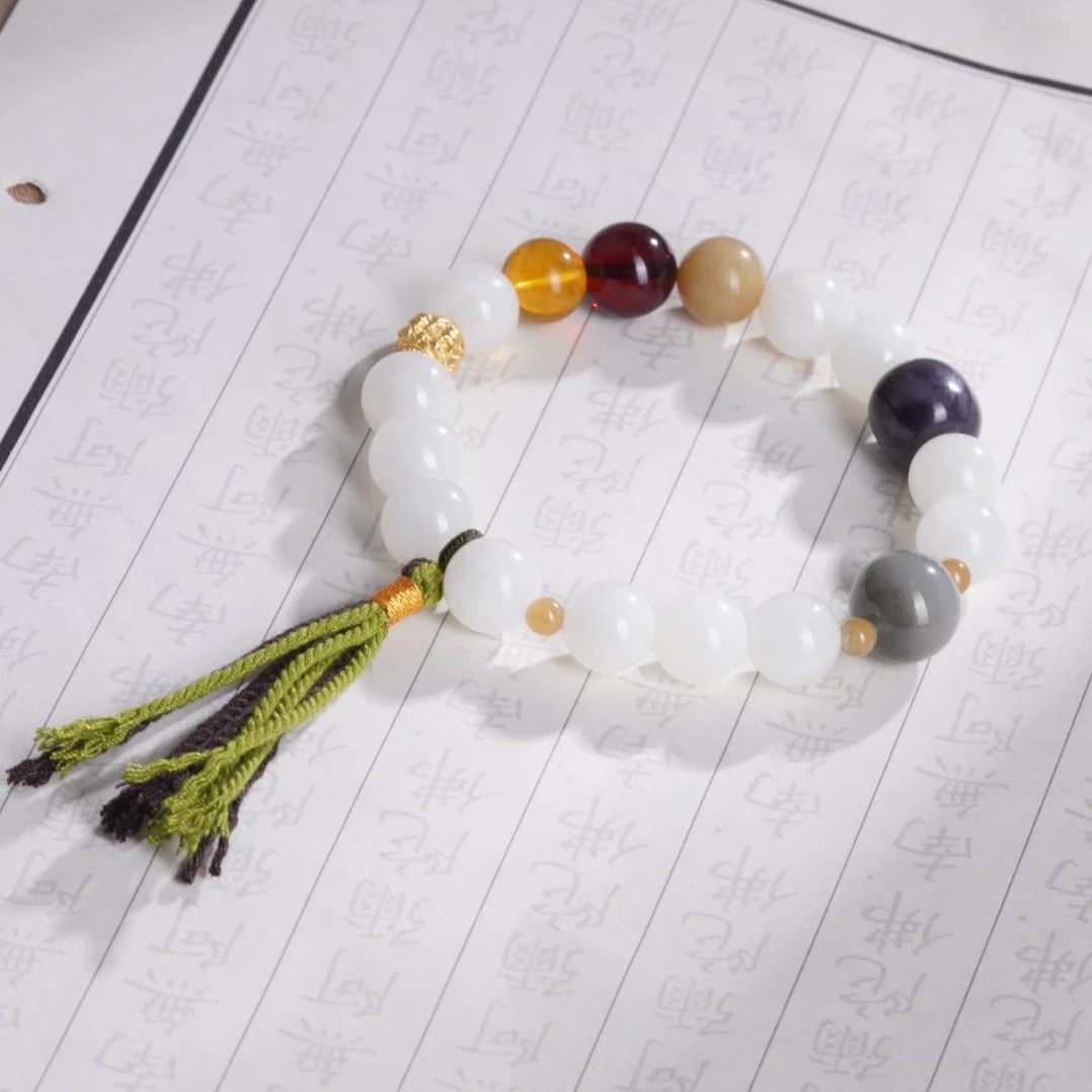 天然和田玉羊脂白单圈手串多宝设计款—多样性发其一