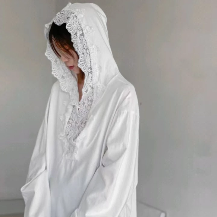 V领长袖复古港风蕾丝吸汗连帽T恤宽松韩版秋季带帽女士白色
