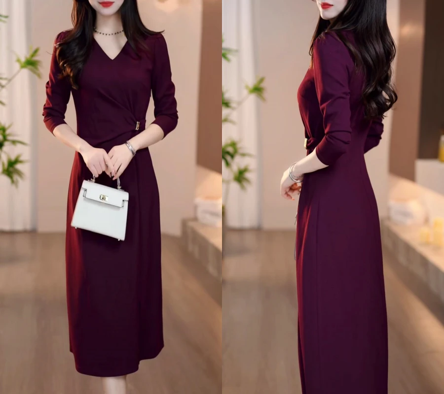 2025秋季新款樱安哥拉红V领收腰系带优雅时尚气质显瘦连衣裙02