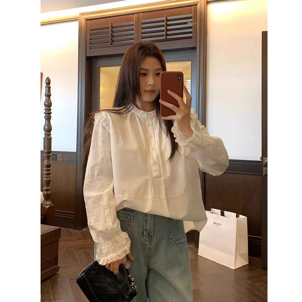 【NAZ微胖大码定制】复古镂空刺绣蕾丝花边拼接小立领衬衣