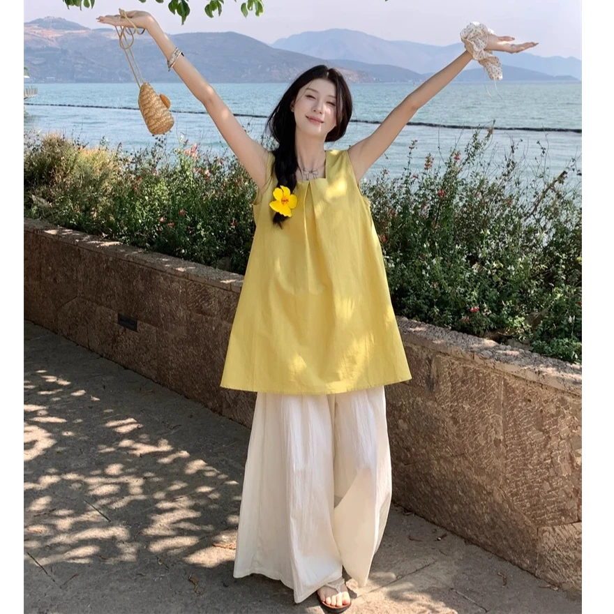 韩系甜美方领无袖背心衬衫女夏季黄色宽松温柔风chic独特百搭上衣