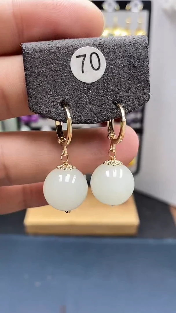 和田玉银S925镀金镶嵌耳饰尺寸14mm耳扣08