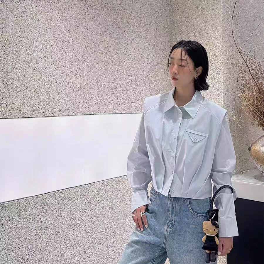 新款百搭POLO领设计感垫肩短款衬衫6153