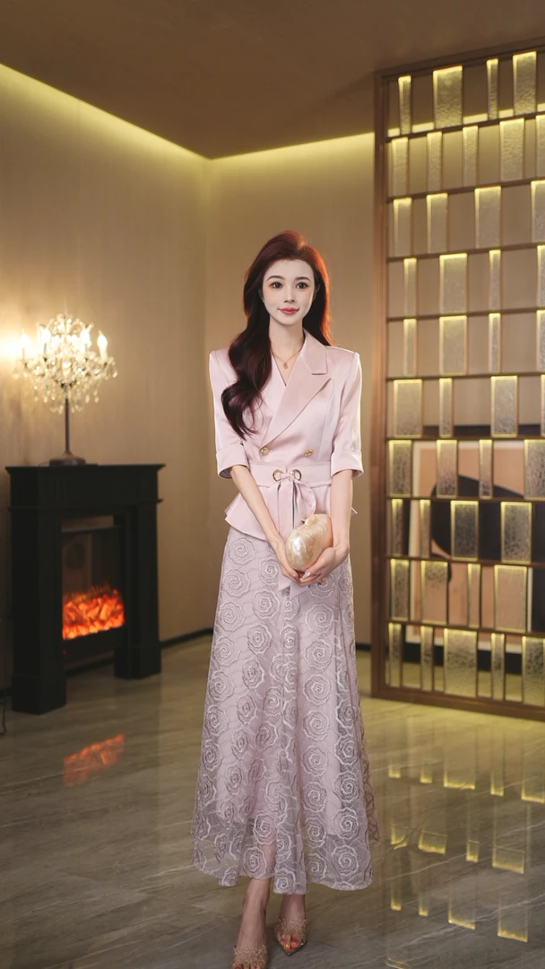 罗曼湾湾 显瘦气质轻奢时尚法式V领小上衣+半裙套装