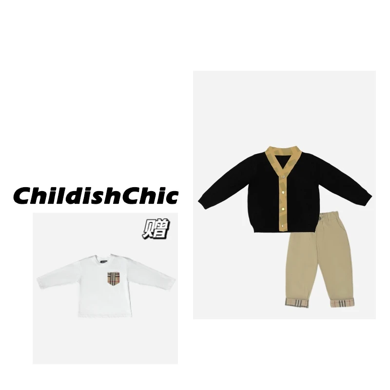【ChildishChic高定童装】春季新款新中式格纹高定毛衣针织衫套装