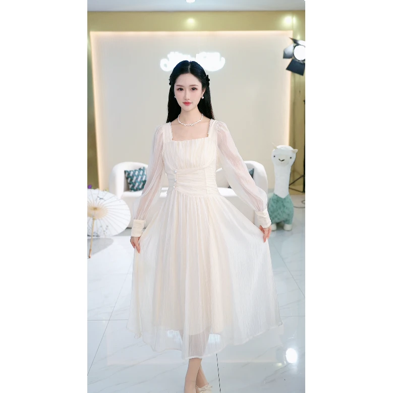 苏醒的乐园法式方领新款裙子A201气收腰中长款连衣裙SXL25072