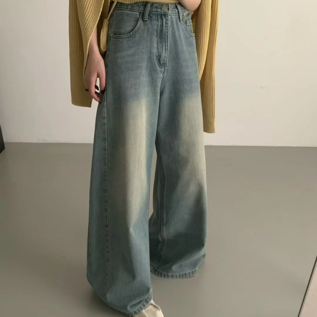 高腰学院风女浅蓝直筒加绒牛仔裤直筒裤子长裤牛仔裤水洗复古