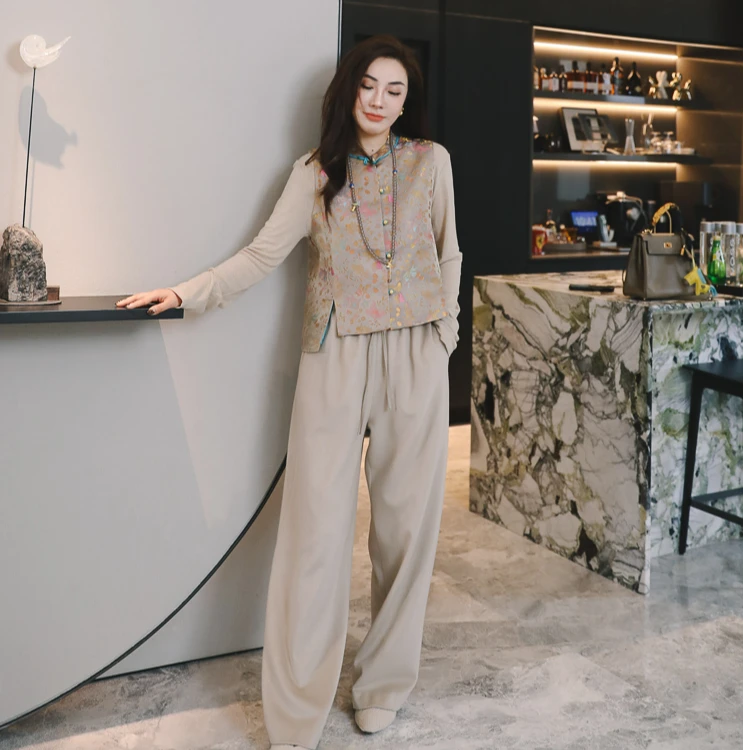 PENNYPENG静奢风早春洋气潮流休闲百搭燕麦灰松紧腰系带山羊绒裤