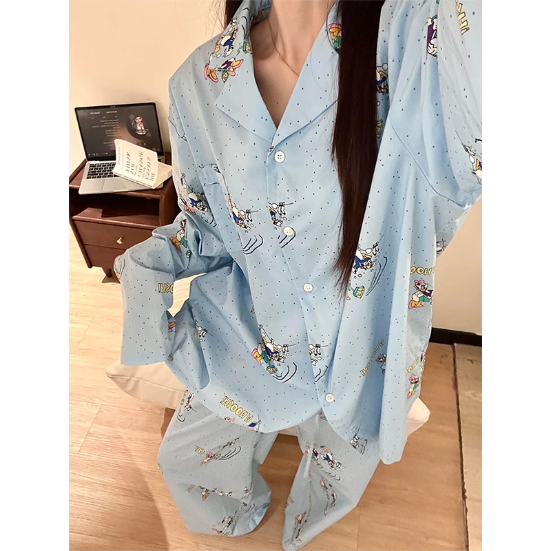 慵懒风韩系蓝色卡通小鸭睡衣女春秋季2025家居服大码宽松长袖套装