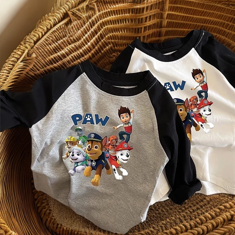 男童撞色插肩纯棉洋气卡通印花儿童秋季女童圆领宽松宝宝拼色上衣